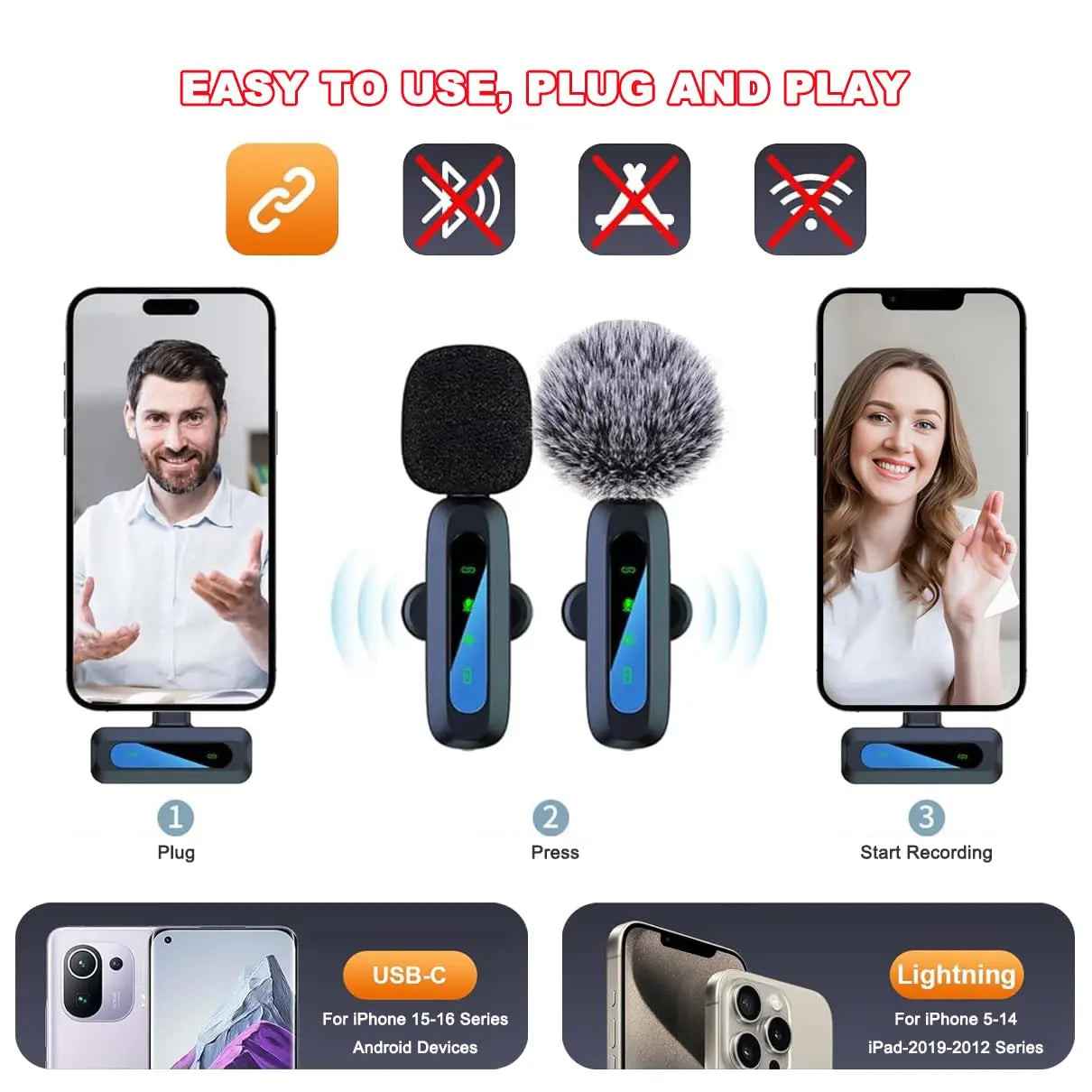 Wireless Lavalier Microphone for iPhone Android PC Live Interview Audio Recording